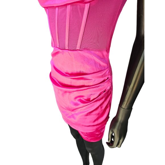 Hot Pink Satin Illusion Panel Bodycon Mini Dress - Lovesome - Picture 5 of 6
